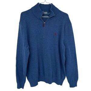 Vintage 90s Polo Ralph Lauren Mens Blue 1/4 Zip Sweater Knit XL Cotton Blue tag